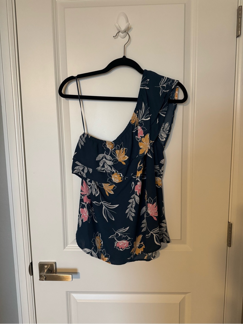 Apt. 9 One-Shoulder Floral Blouse in Navy with Pink & Yellow Flowers